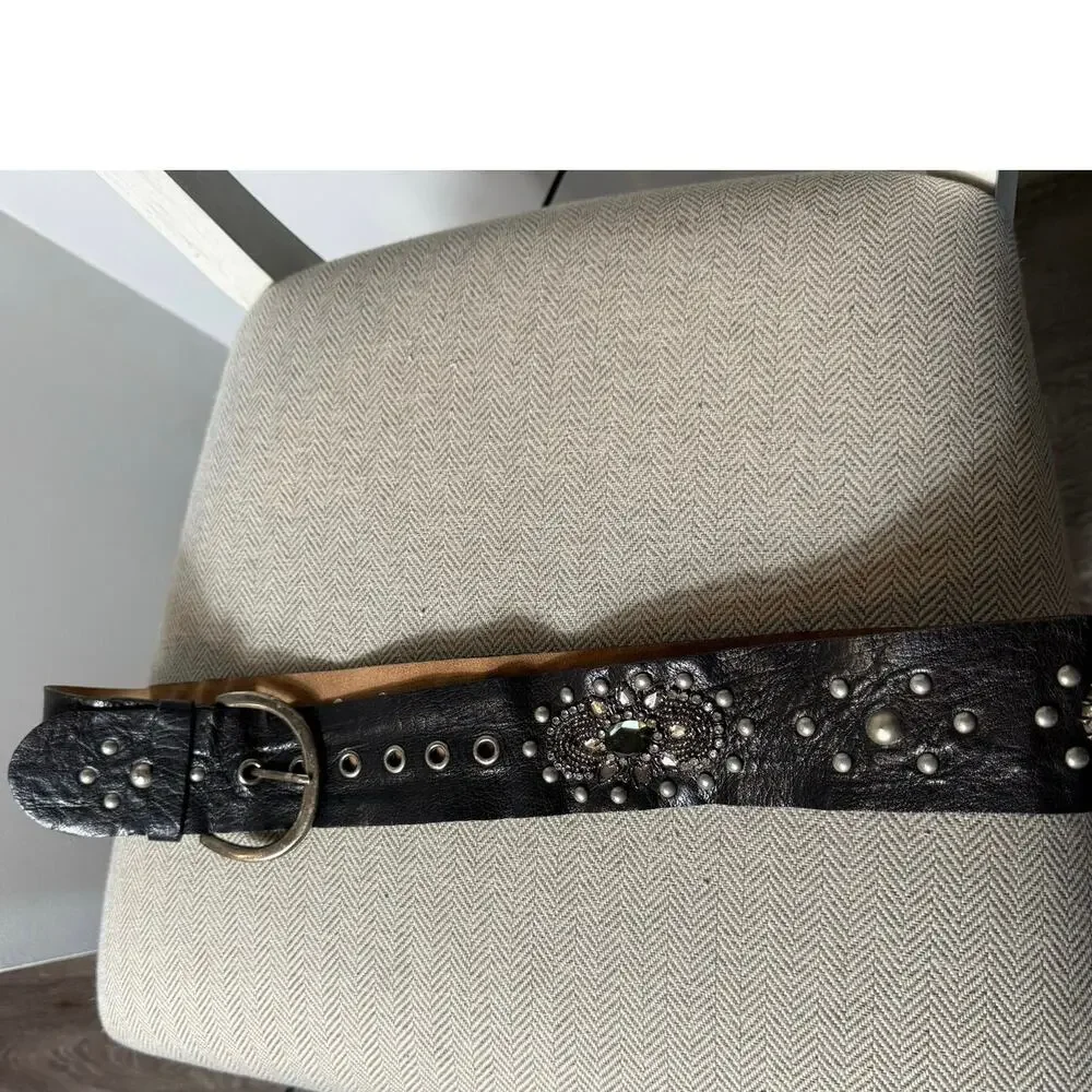 Unique Vintage Leather Heavily Jeweled Studded Beaded Black Belt 33-38” Apx XL